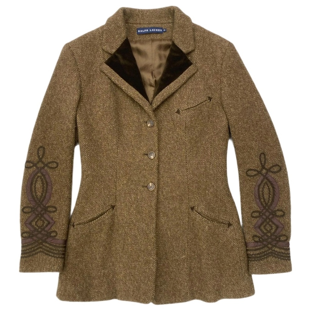 Ralph Lauren Blue Label Olive Brown Tweed Embroidered Blazer Made in Italy Sz.6